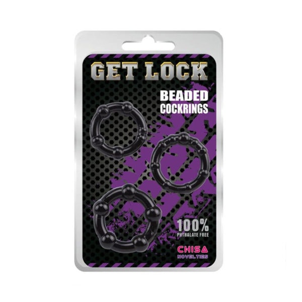 Get Lock - Beaded Cock Rings Set - Black