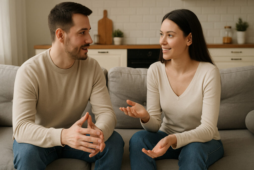 En man och en kvinna som sitter i en soffa och pratar om sexleksaker