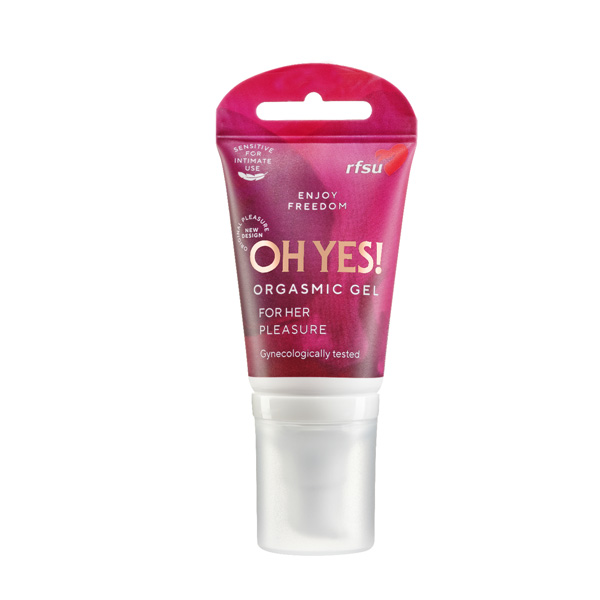 En bild på en tub med RFSU Oh Yes! orgasmgel för ökad njutning, gynekologiskt testad och anpassad för intim användning, i en rosa och vit design. Sinamatic