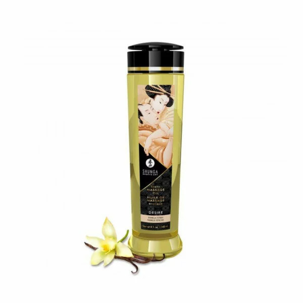 En flaska med Shunga Massageolja med vaniljblomma bredvid, etiketten har ett konstverk med traditionellt japanskt motiv. Sinamatic