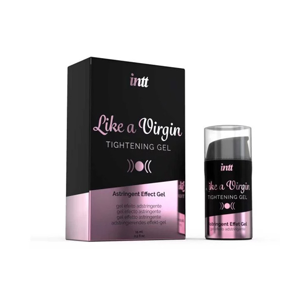 En flaska och en förpackning av produkten Like a Virgin Tightening Gel med märkningen Astringent Effect Gel från märket INTT. Sinamatic