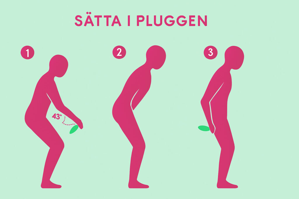 Illustration som visar tre steg för att sätta i en plugg, där varje steg avbildar en rosa silhuett som böjer sig i olika vinklar. Texten Sätta i pluggen är skriven ovanför. Sinamatic