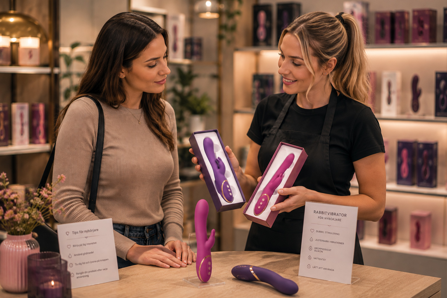 Kund får hjälp att välja sin första rabbitvibrator i butik