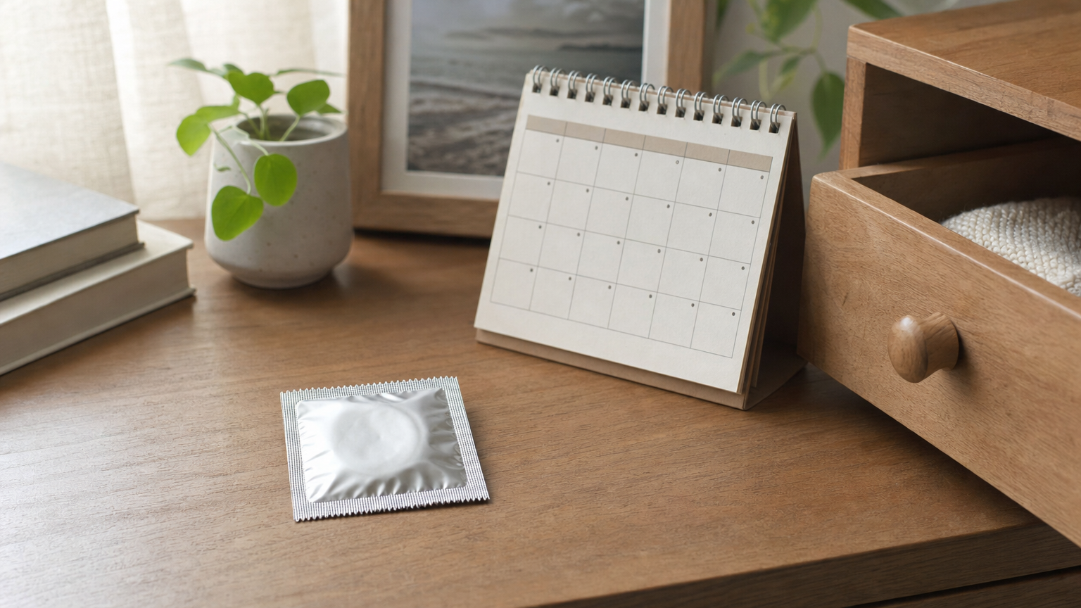 Oöppnad kondomförpackning bredvid en kalender som påminner om att kontrollera hållbarhetsdatum.