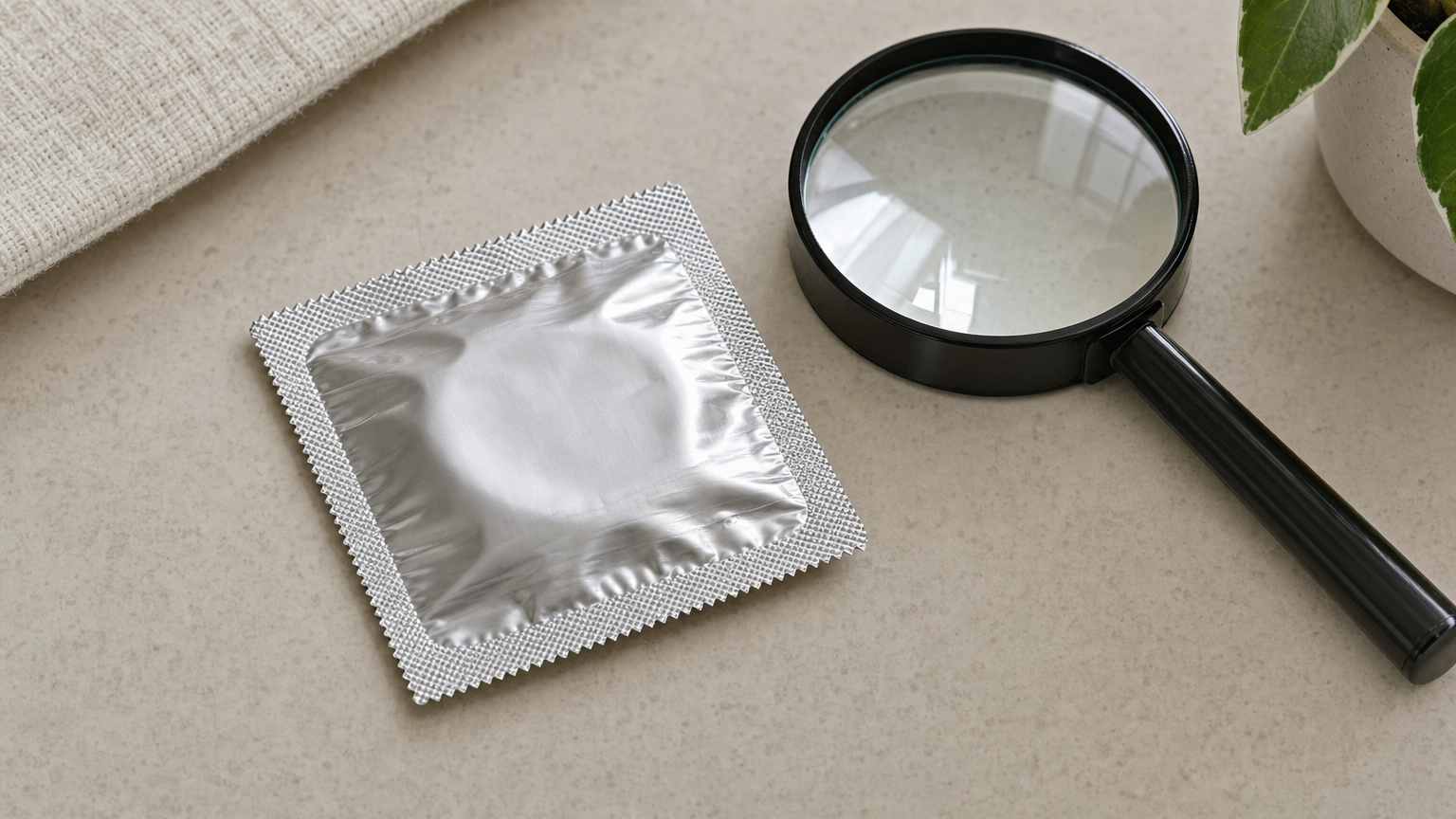 Oöppnad kondomförpackning med ett förstoringsglas för kontroll av skador.