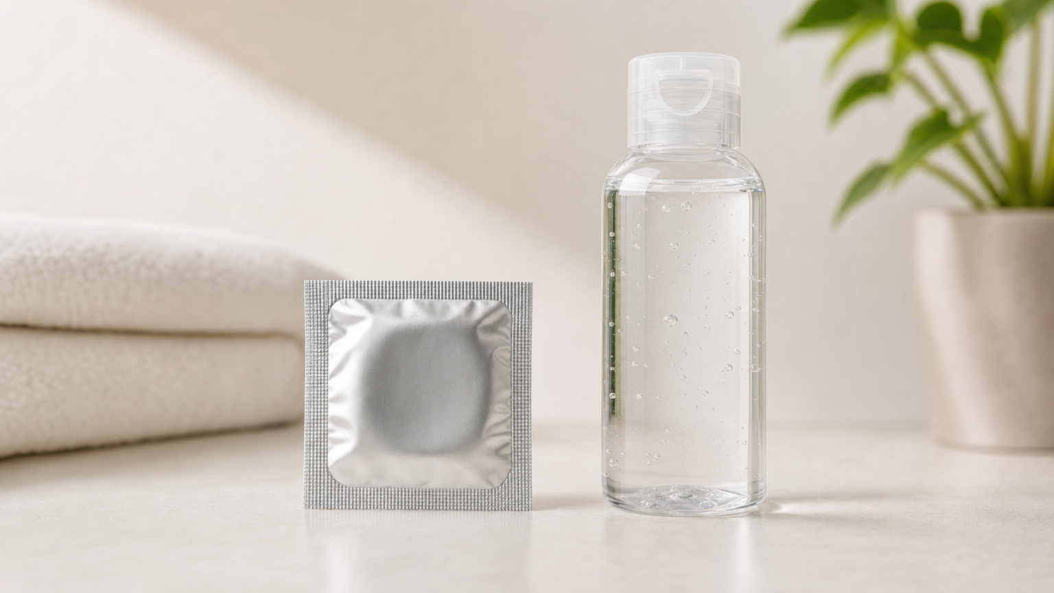 Oöppnad kondomförpackning och oetiketterad flaska med vattenbaserat glidmedel.