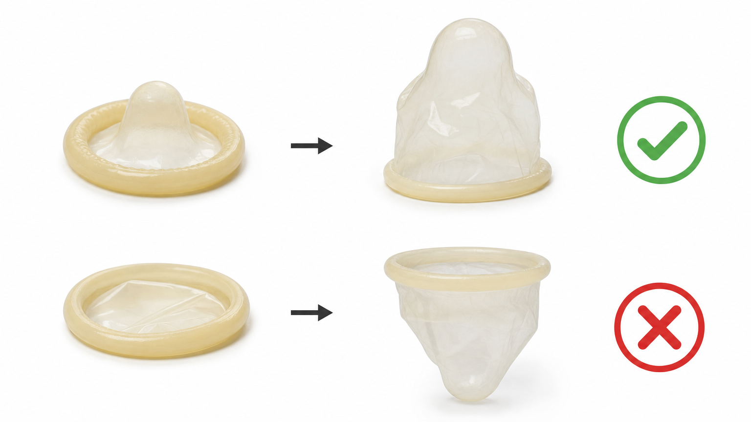 En kondomförpackning i en neutral, pedagogisk illustration om hur kondomen ska vändas.