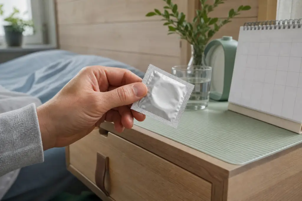 Kontrollera kondomens utgångsdatum på förpackningen hemma i Sverige.
